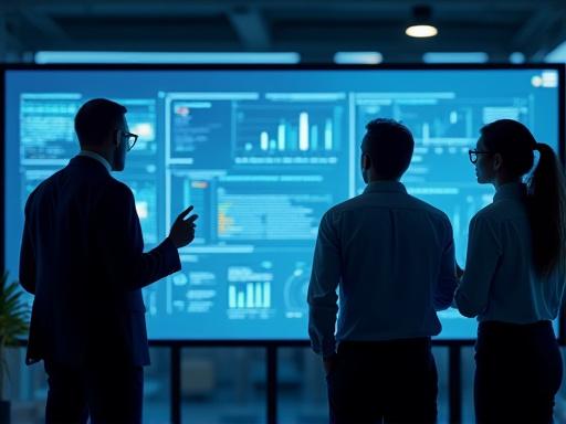 Team analysiert Daten auf einem Grosbildschirm